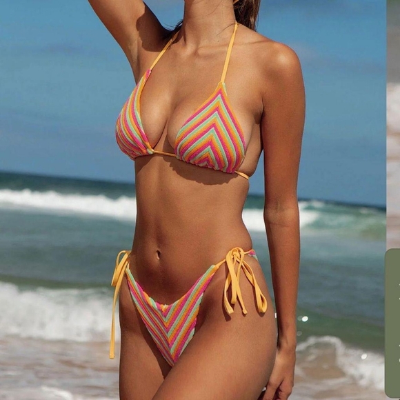 Berlook Women's Orange Colorblock Striped Bikini Sets - Picture 1 of 8
